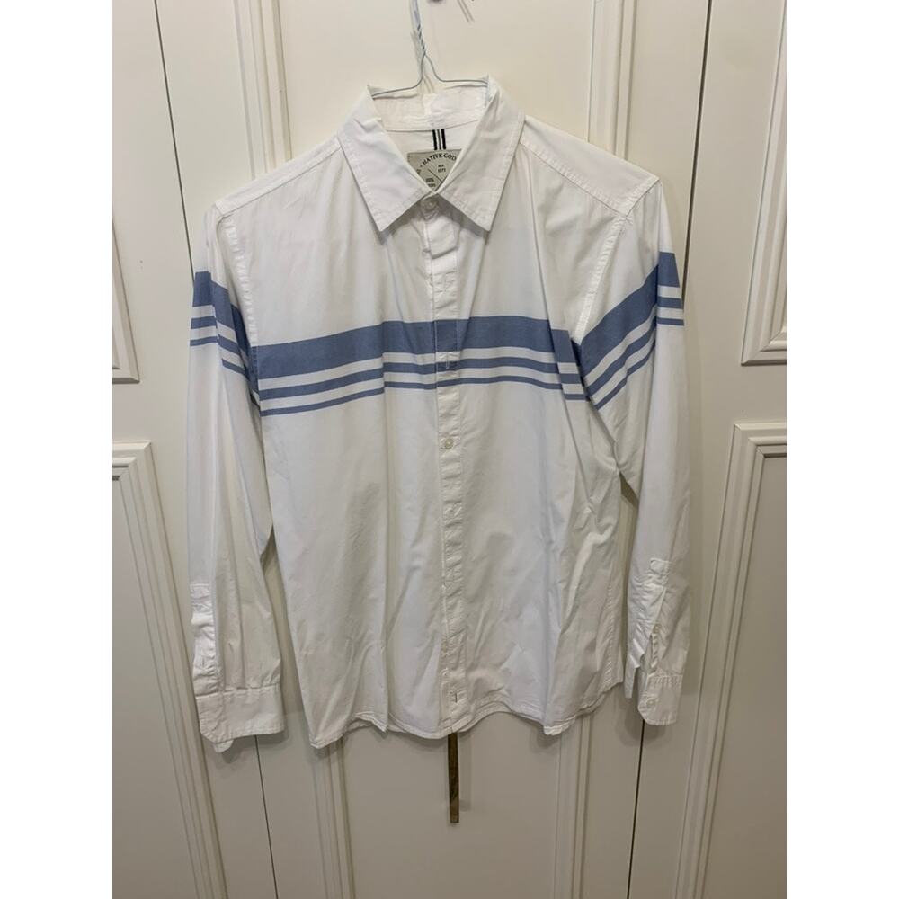 Native Code Men's White Button-Up Shirt Blue Stripes Long‎ Sleeve Casual Medium